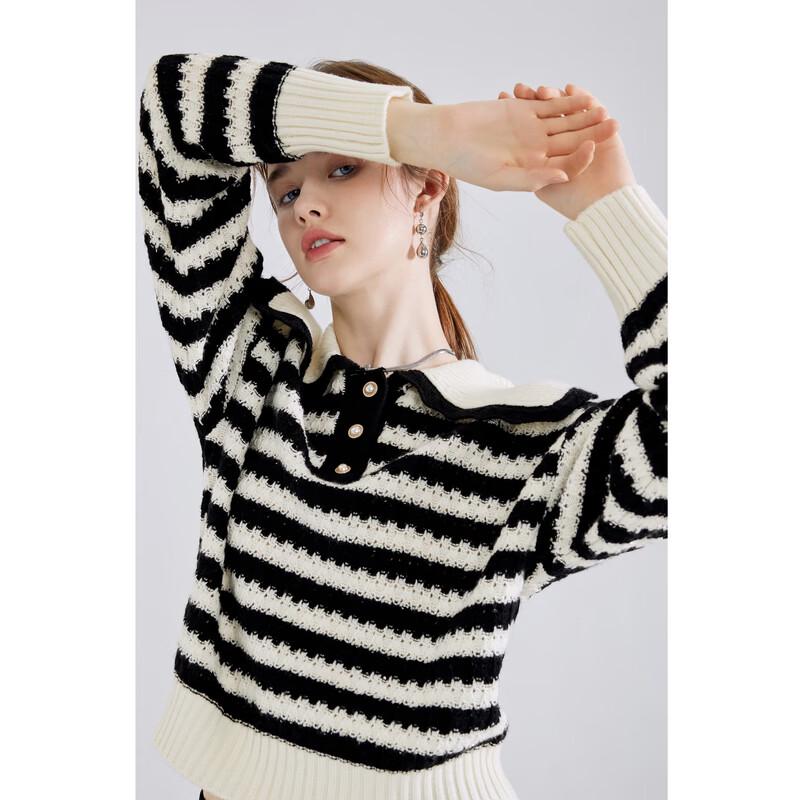 Qiu Shui Yi Ren Women's Lapel Striped Knit Sweater