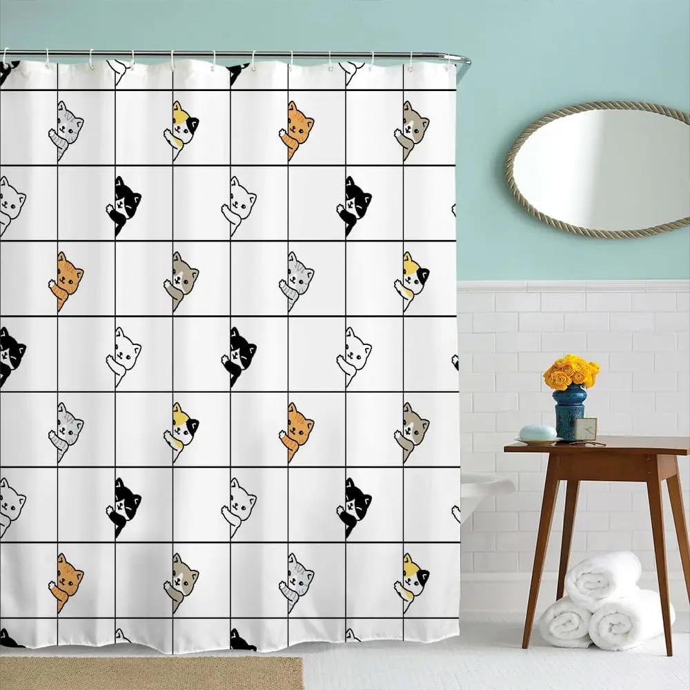 

Shower Curtain For Bathroom With Hooks, Black And White Cute Cartoon Colorful Kittens Funny Long Cloth Fabric Shower Curtain W60H190(CM)-1 Pcs