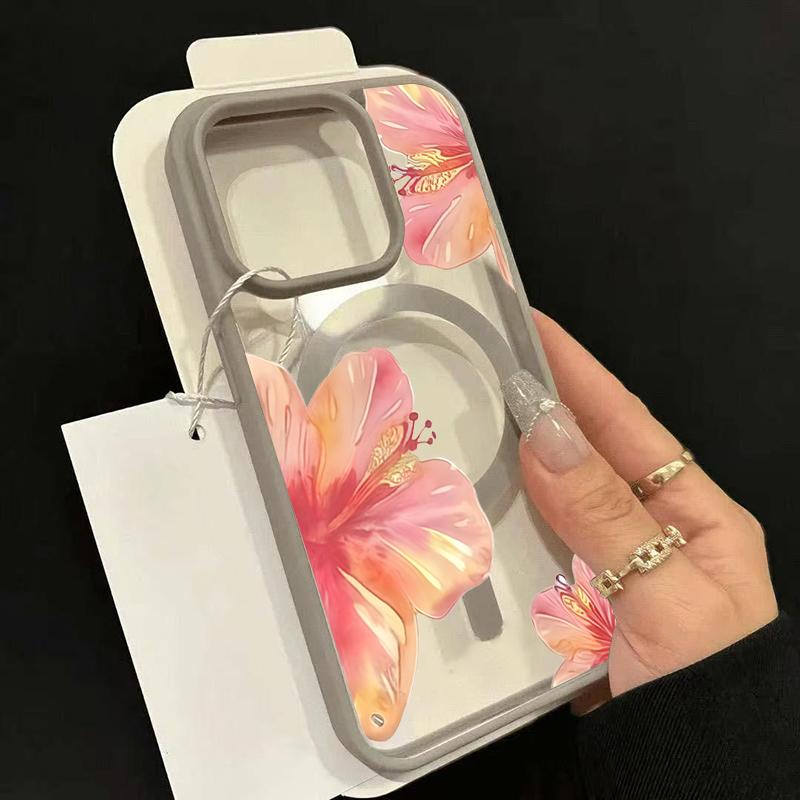Watercolor Hibiscus Flower Design Magnetic Phone Case For iPhone 17 16 15 14 13 12 11 Pro Max Plus Air 16E Shockproof Back Cover