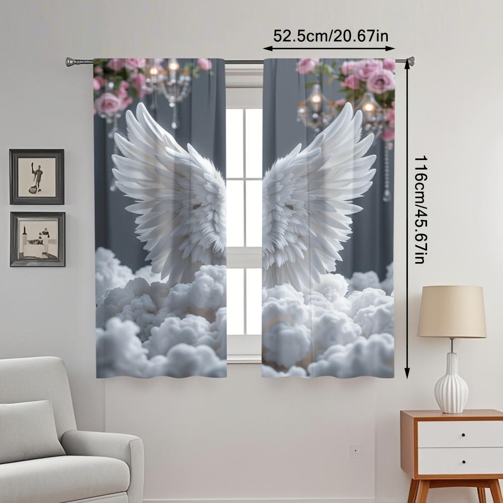 2pcs Angel Wings Print Curtains in White & Pink – Polyester Sheer with Rod Pocket for Bedroom & Study Decor