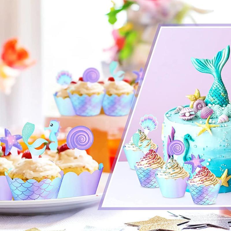 80Pcs Mermaid Cupcake Wrappers and Toppers Double Side Cupcake Liner Cupcake Decorations for Birthday Baby Shower Wedding
