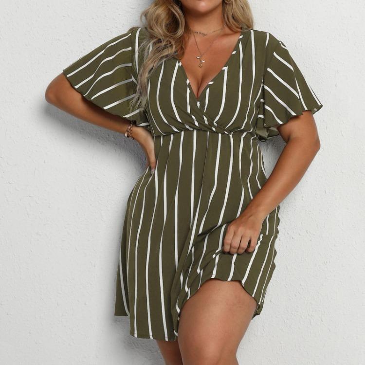 Bohemian Striped Casual Dress for Plus Size Women V Neck Short Sleeve Loose Waist