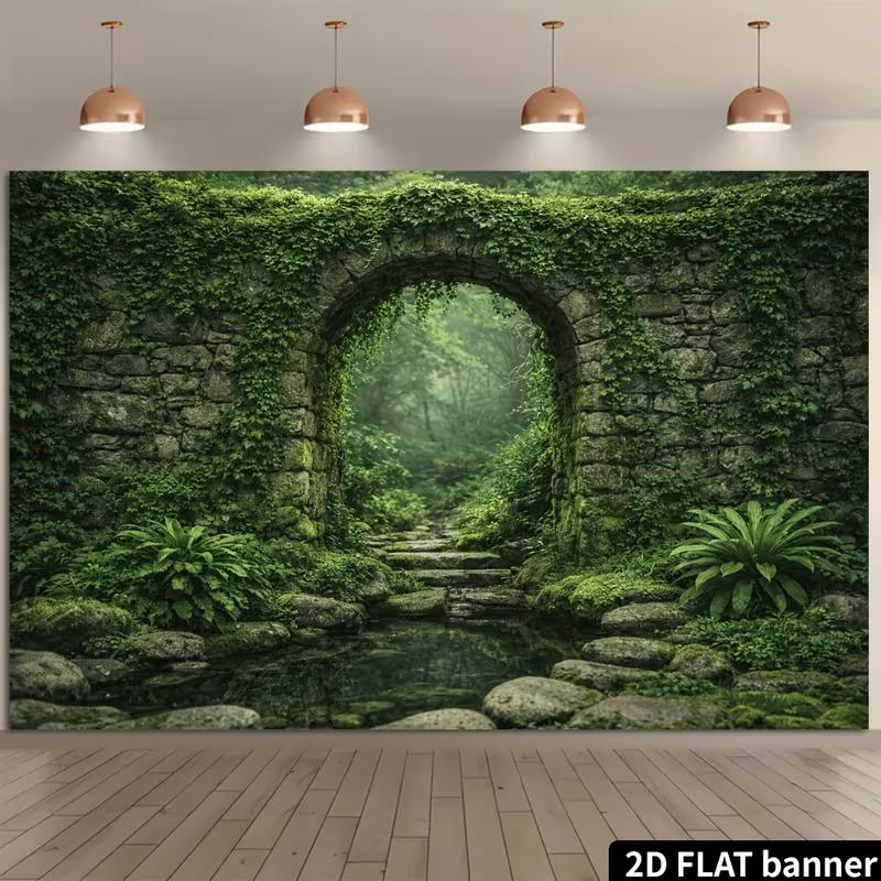 2D Ivy Stone Arch Enchanted Forest Wall Tapestry Background Cloth