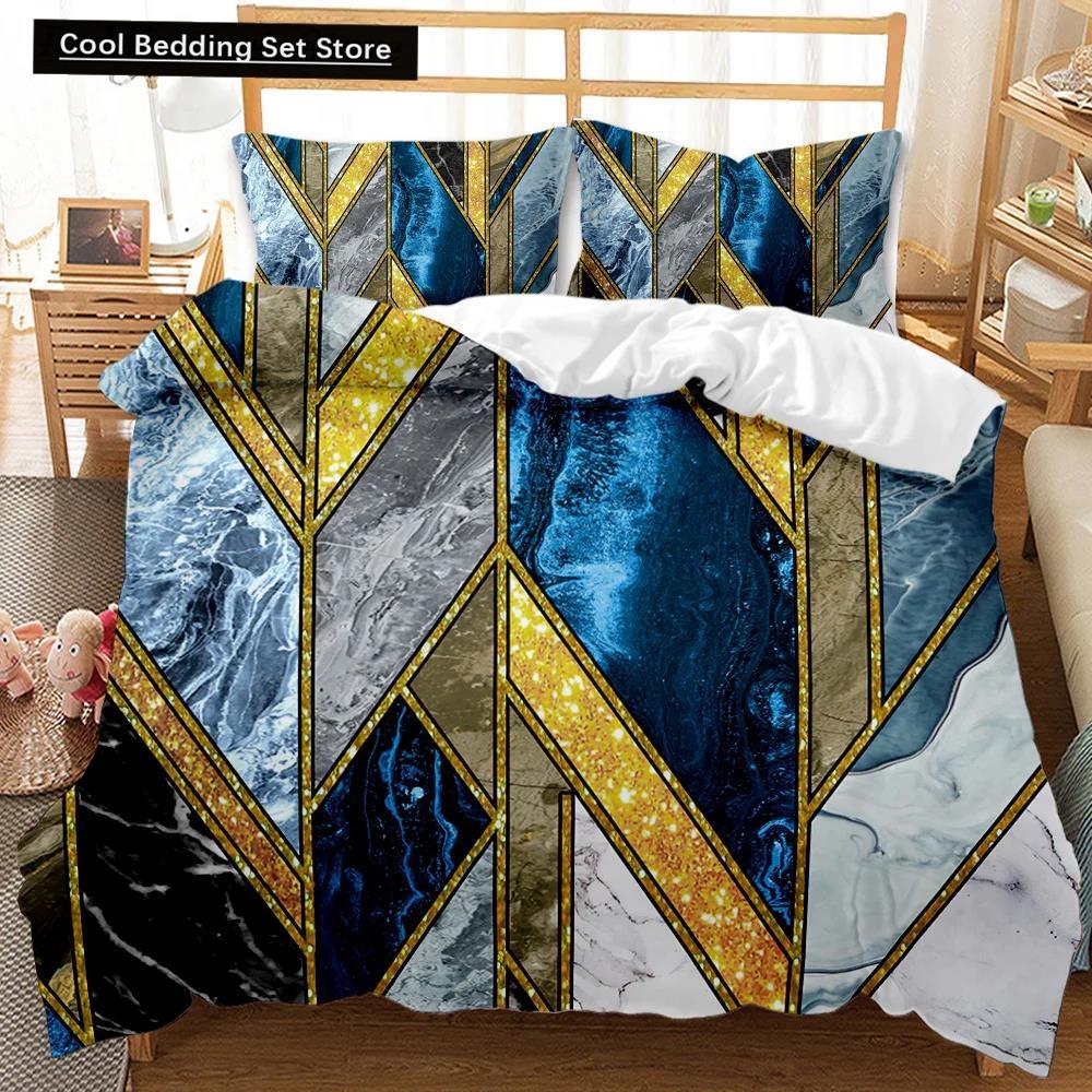 Set Husă Plapumă Marmură Negru Alb Auriu Textură Marmură Abstractă Imprimată Negru Alb Mărime Dublu Queen King Set de Lenjerie de Pat Poliester