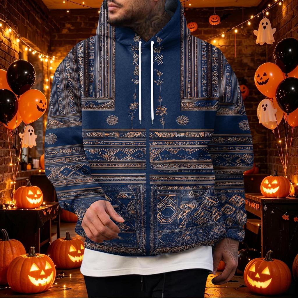 Men's Vintage Hoodie with Print and Patchwork Design, Single Pocket Casual Top
