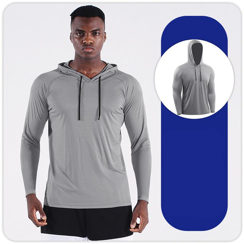 Мужской солнцезащитный костюм с капюшоном с длинным рукавом для фитнеса спорта активного отдыха рыбалки топы быстросохнущие футболки для бега баскетбола тренировок M серый 1759₽