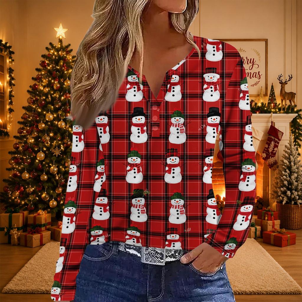 Women's Trendy Casual Three-Quarter Sleeve Christmas Print Round Neck Top for Holiday Parties