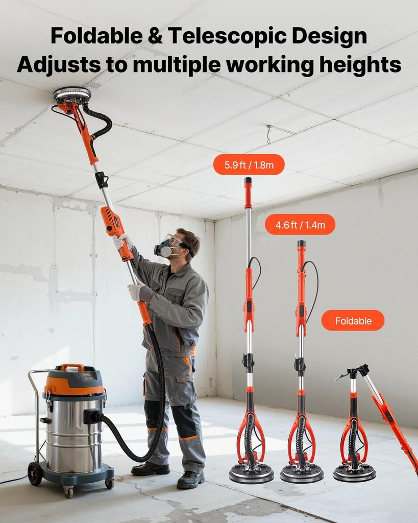 Lixadora de Gesso Acartonado, Lixadora Elétrica de Gesso Acartonado 950W, Ferramenta de Remoção de Teto com Pipoca com 7 Velocidades Variáveis 1000-2300 RPM, Luz LED de Deck Duplo, Dobrável &