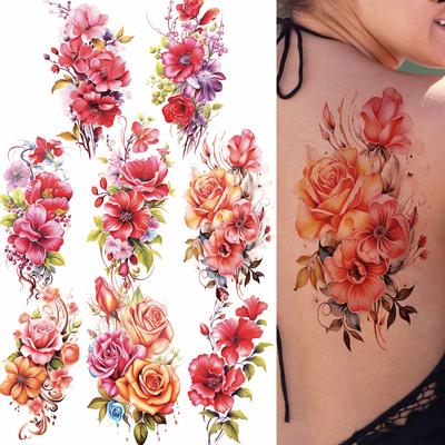 1 Sheet 3D Flower Temporary Tattoos Sleeve For Women Girls Watercolor Peony Rose Sexy Tattoo Sticker Water Transfer Transferable