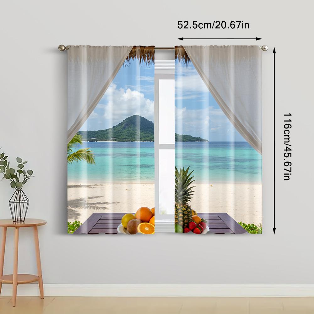 2pc   Curtain tropical beach Versatile 100% Polyester  Without Electricity Holiday Decorations Use for Indoor Celebrations   Room