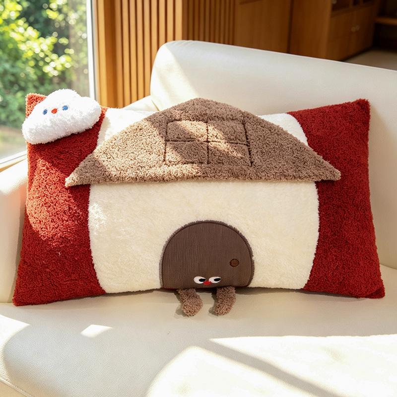 Kawaii Hausförmiges Plüschkissen Rote Blaue Gelbe Farben Mit Niedlichem Türauge Und Wolkendetail Kuscheltier Display Zuhause Gefüllt 60x35cm