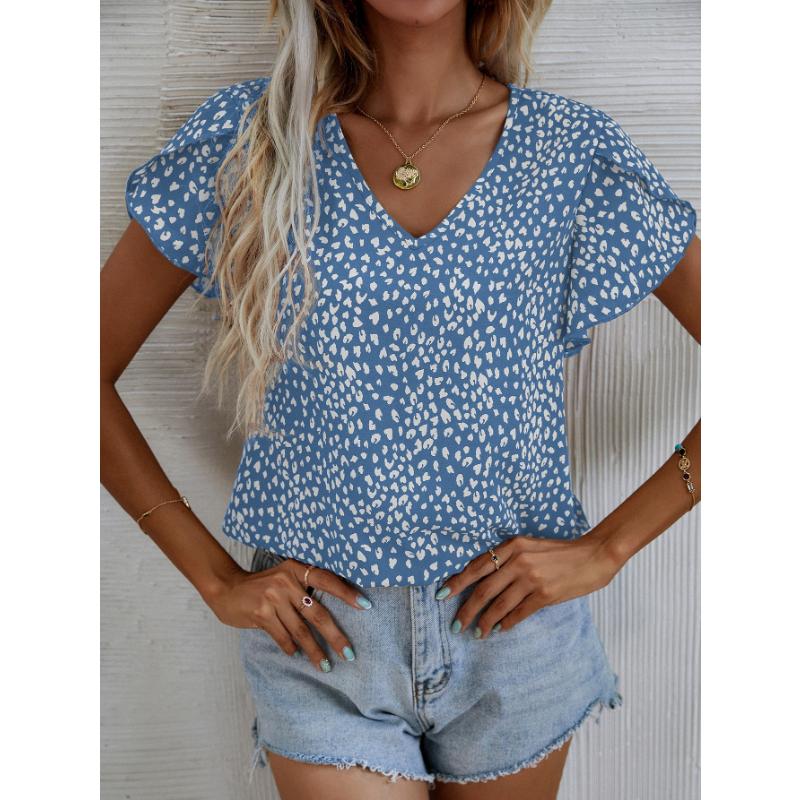 Stylish and Elegant Women's Shirt Small V-neck Short Sleeve Petal Sleeve Pleated Lace Full Body Print Woven Casual