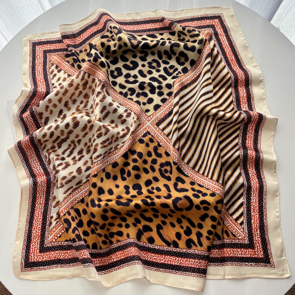 Luxury Square Scarf For Women Fashion Ladies Leopard Print HijabElegant Neckerchief Bandanas Soft Stain Faux Silk Scarves Shawl
