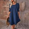 Women's Vintage Cotton Linen Mid Sleeve Solid Colour Loose Round Neck Dresses