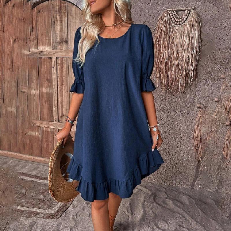 Women's Vintage Cotton Linen Mid Sleeve Solid Colour Loose Round Neck Dresses