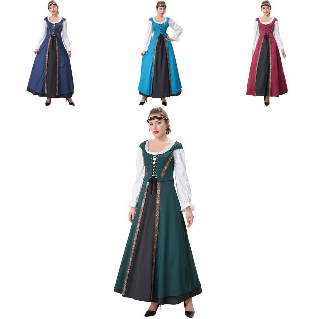 Stylish Renaissance Inspired Square Neck Dress Set In Rich Colors For Theatrical Performances