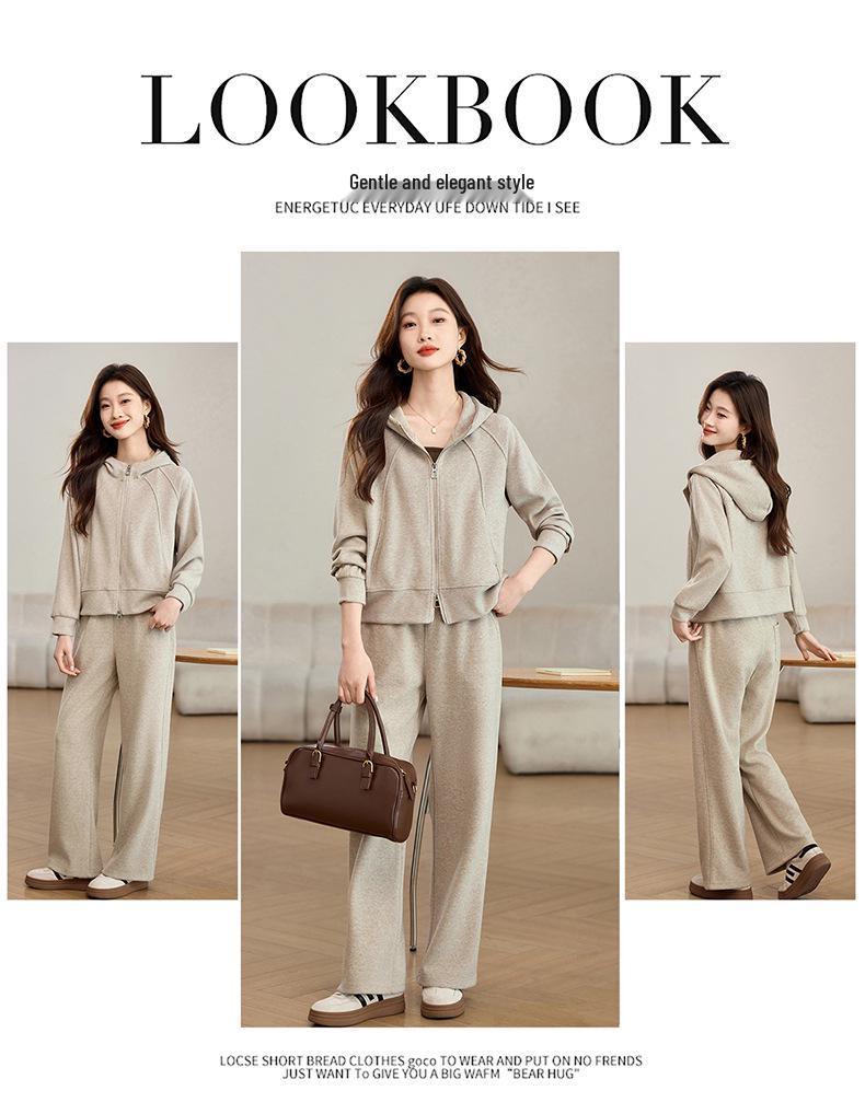 2025 Spring/Autumn Women's Petite Hooded Knit Tracksuit: Sweatshirt & Wide-Leg Pants Set
