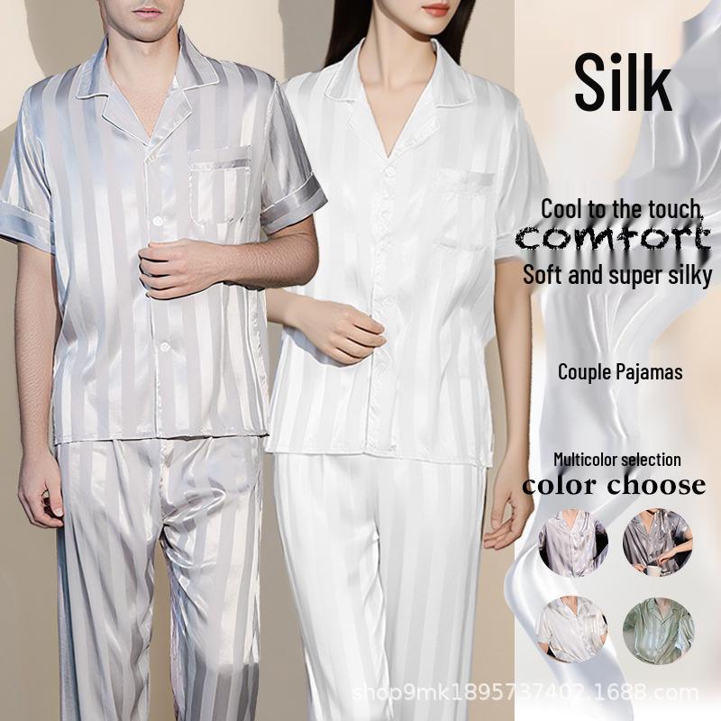 

Silk Yin Couple s Satin Pajama Set - Unisex Striped Short & Long Sleeve Cooling Sleepwear Extra Large