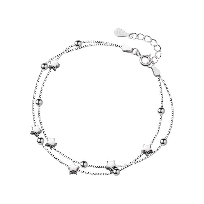 Fashion 925 Sterling Silver Glossy Star Beads Layer Chain Bracelets Women Jewelry