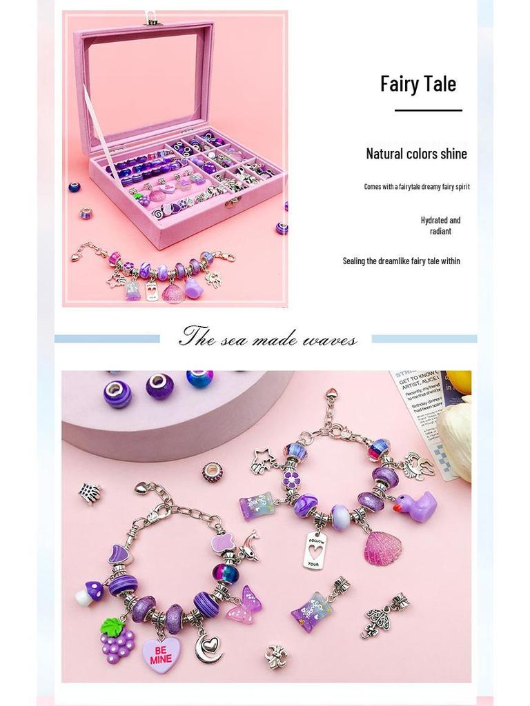 66-Piece Purple Nine-Grid DIY Jewelry Box Set - Children's Handmade Bead Bracelet Kit & Gift Box
