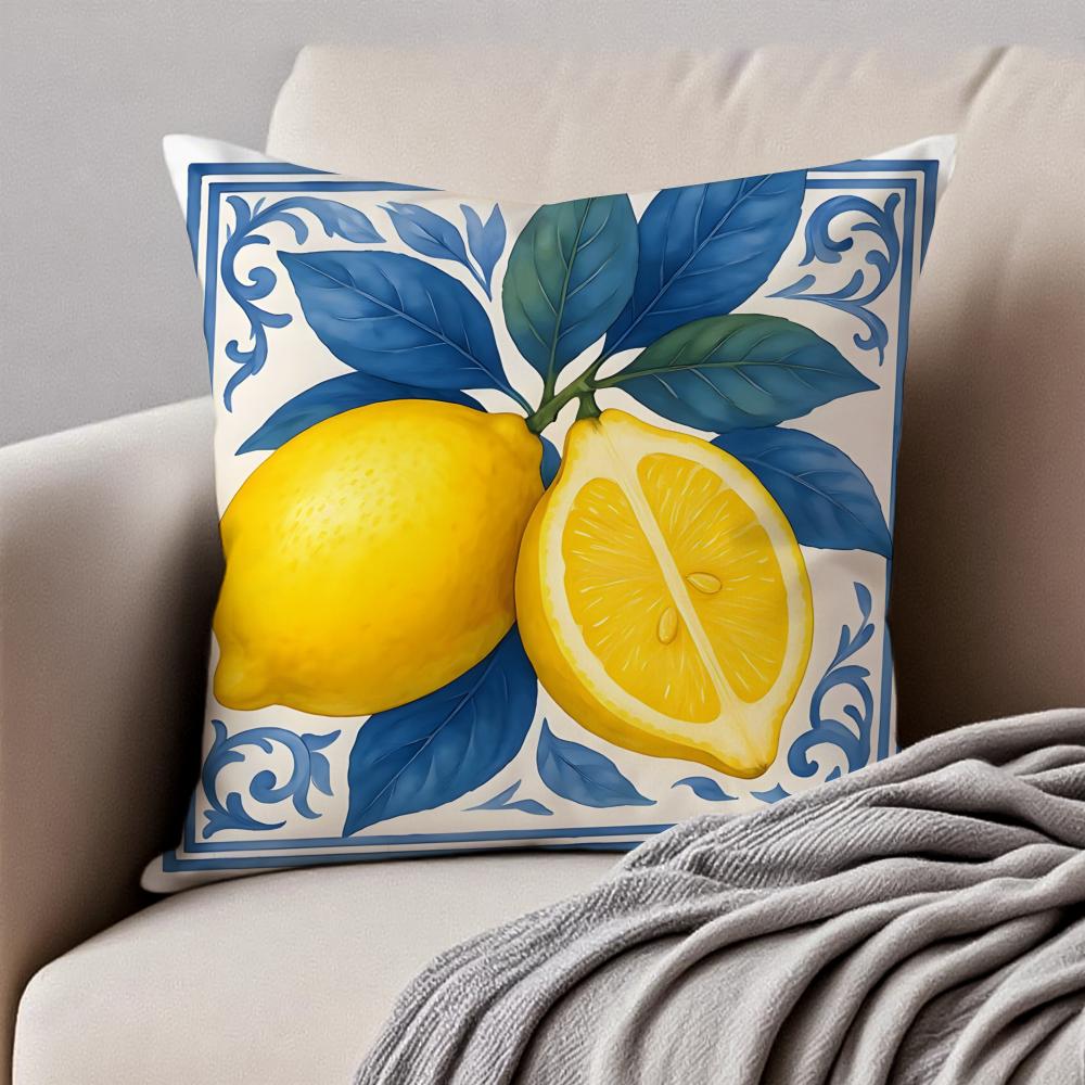 Blue  toned Watercolor Lemon Cushion Cover Pillowcase Antidustmite Invisible Zipper Short Plush Sofa Cushion