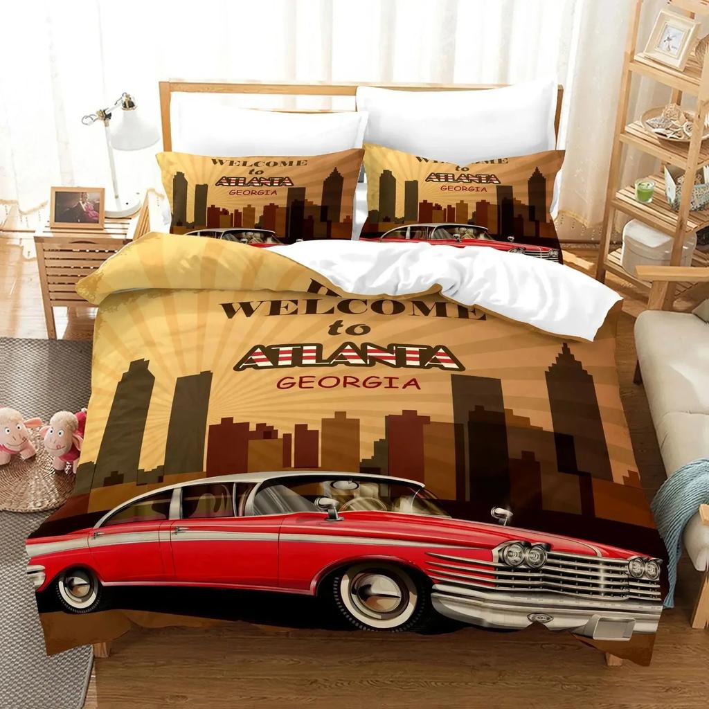 Cars Duvet Cover Traditional Old Car Race Nostalgic American Car Bedding Set Classic Cars Polyester Quilt Cover For Boys Teens
