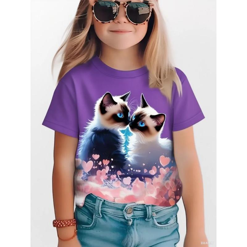 Summer Round Neck 3D Cat Printed Top Fashionable Casual Short Sleeved Children's Girl T-shirts