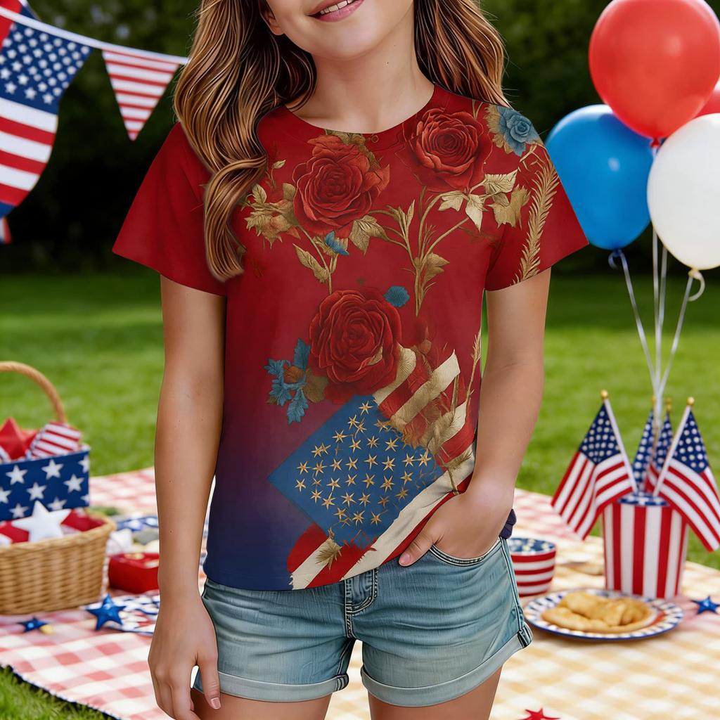 Kids Independence Day Print Round Neck Short Sleeve Casual T-shirt