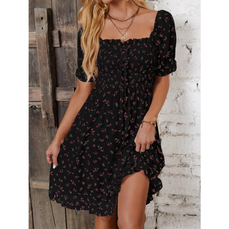 YYFS Damenmode Sommer Frühling Kurzarm Quadratischer Kragen Hohe Taille Freizeitkleider