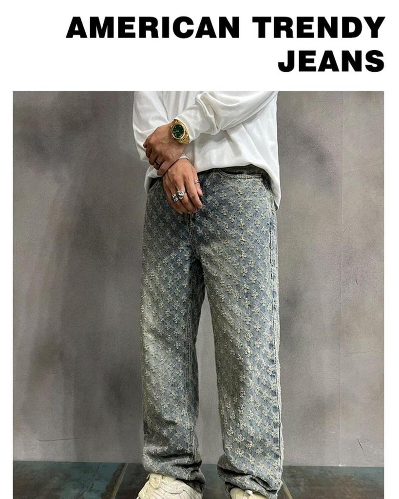 Winter Retro High Street Men's Full Print Jacquard Loose Straight-Leg Jeans
