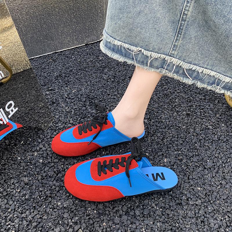 Soft bottom super fire color matching bag head half slippers women's summer wear 2025 spring new flat bottom lazy one pedal sandals