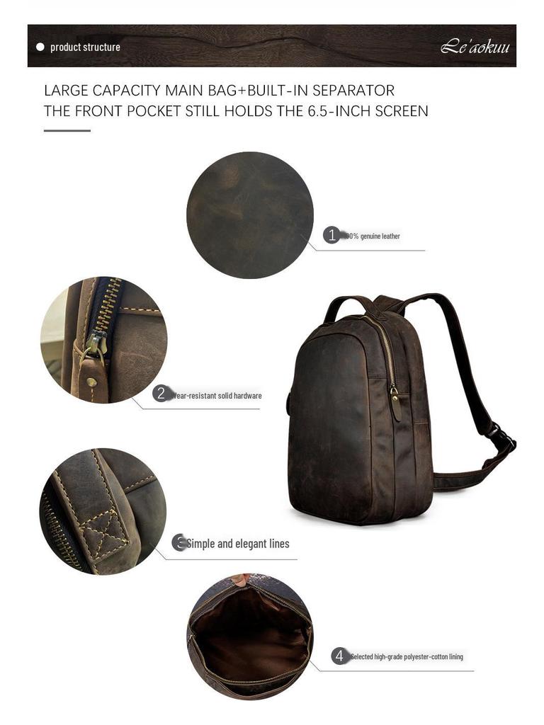 Crazy Horse Leather 14-Inch Retro Men's Backpack Laptop Bag