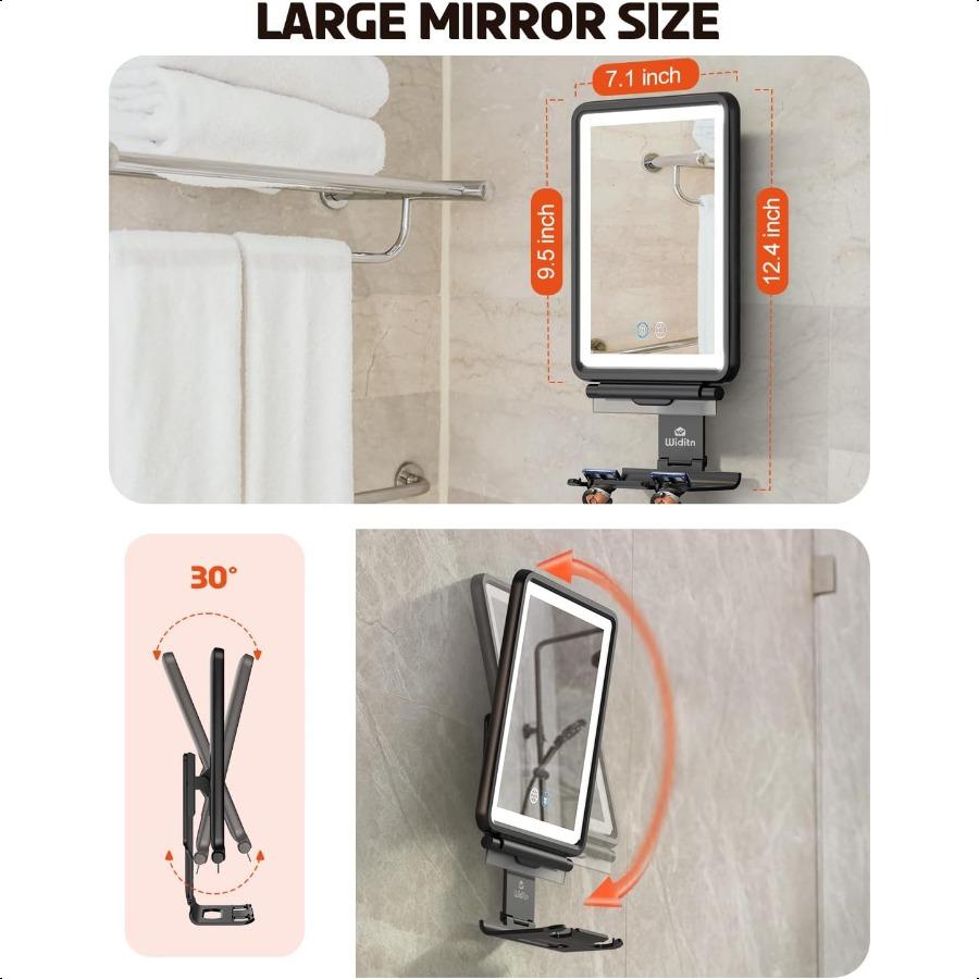 Heated Shower Mirror Fogl for Shaving 3 Color Dimmable Lights Shower Mirror Fogl Rechargeable AntiFog Shaving Mirror with Razor