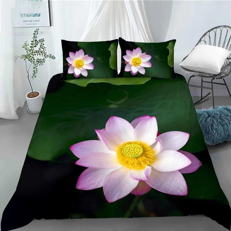 3D Lotus Flower Painting Duvet Cover Polyester Quilt Cover with Pillowcases King Queen Size for Kids Teen Adults Bed Decor Gifts