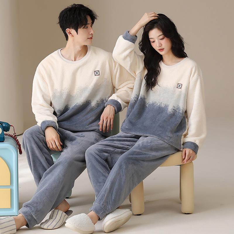 Winter Neu Flanell Verdickt Samt Rundhals Pullover Paar Pyjama Set, Tragen Warme Hauskleidung