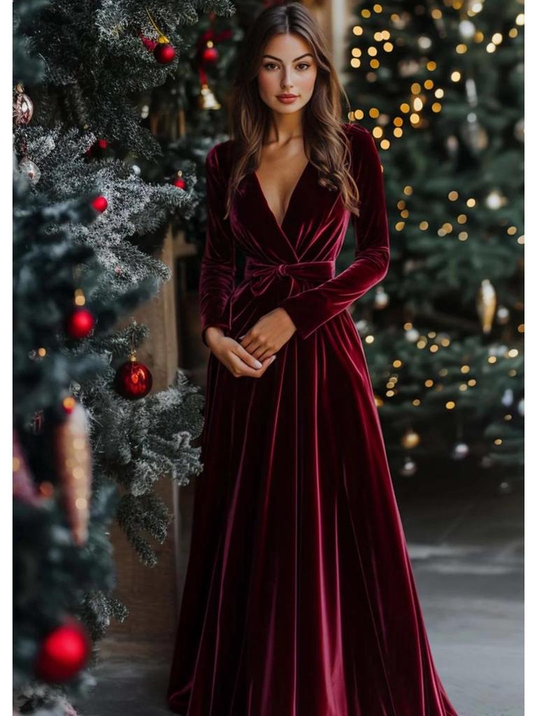 Elegant Velvet V-Neck Bridesmaid Dress for Autumn/Winter