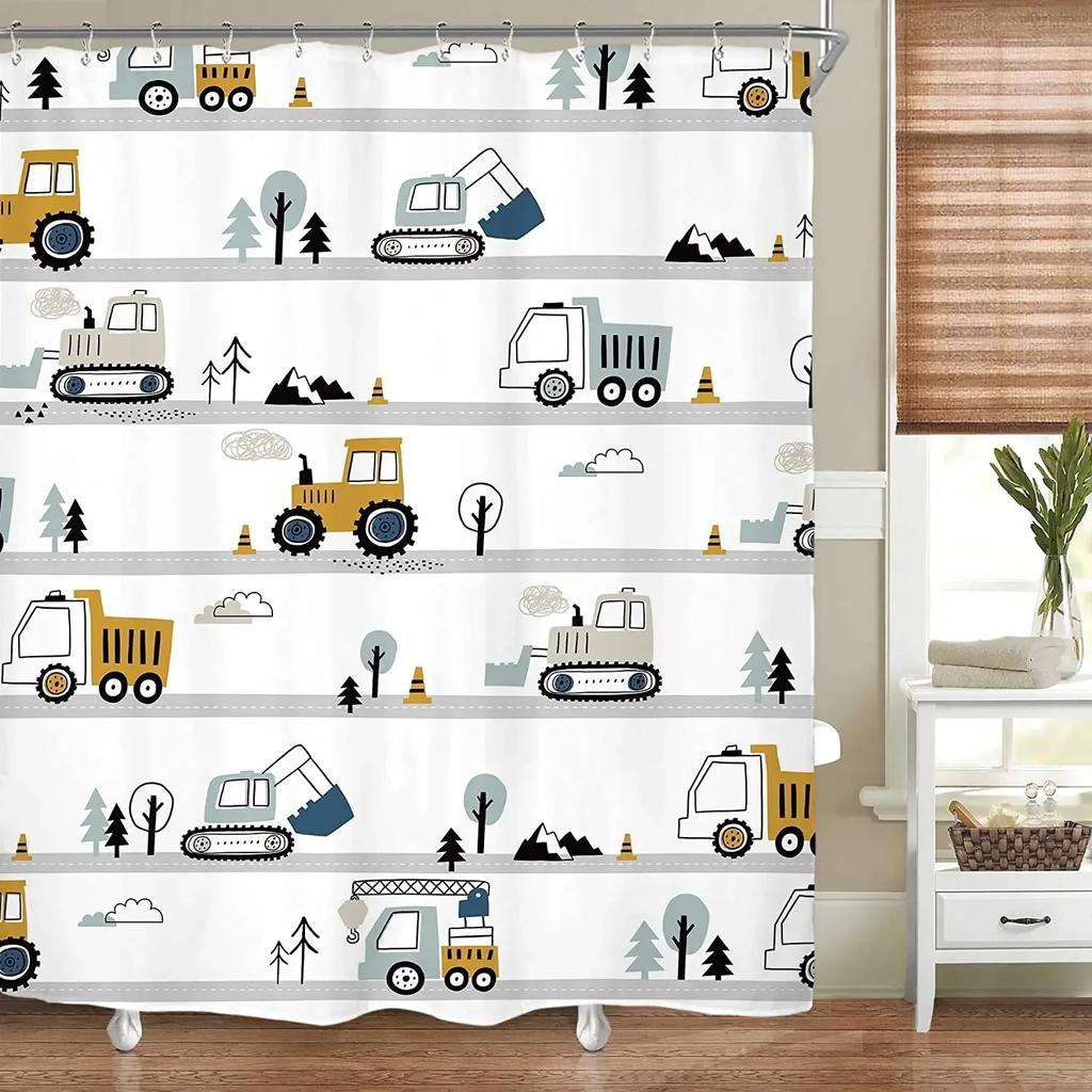 Kid Excavator Shower Curtain Tractor Mechanic Truck Construction Vehicle Boys' Bulldozer Crane Hanging Curtains Bathroom Decor