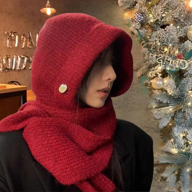 Winter New Women's Solid Color Knitt Hat Scarf One-piece Balaclava Hat,Thickened Warm and Cold Proof Suitable for Outdoor,skiing