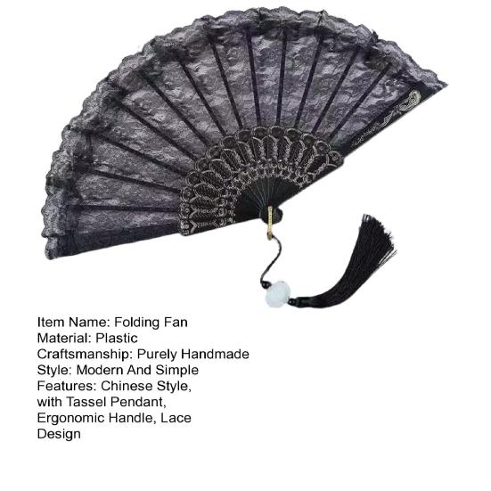 Vintage Lace Folding Fan with Pendant Handmade And Ergonomic Handle Tassel Traditional Chinese Style