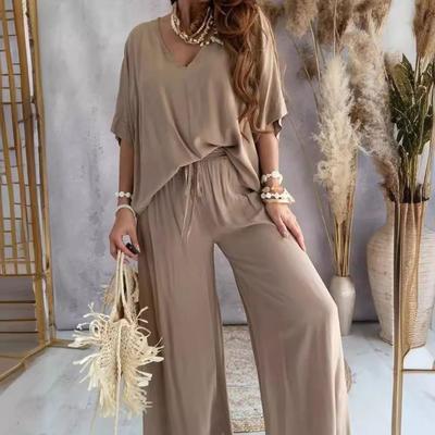 2 Pcs/Set Women Top Pants Set High Waist Solid Color Wide Leg Pleated Trousers