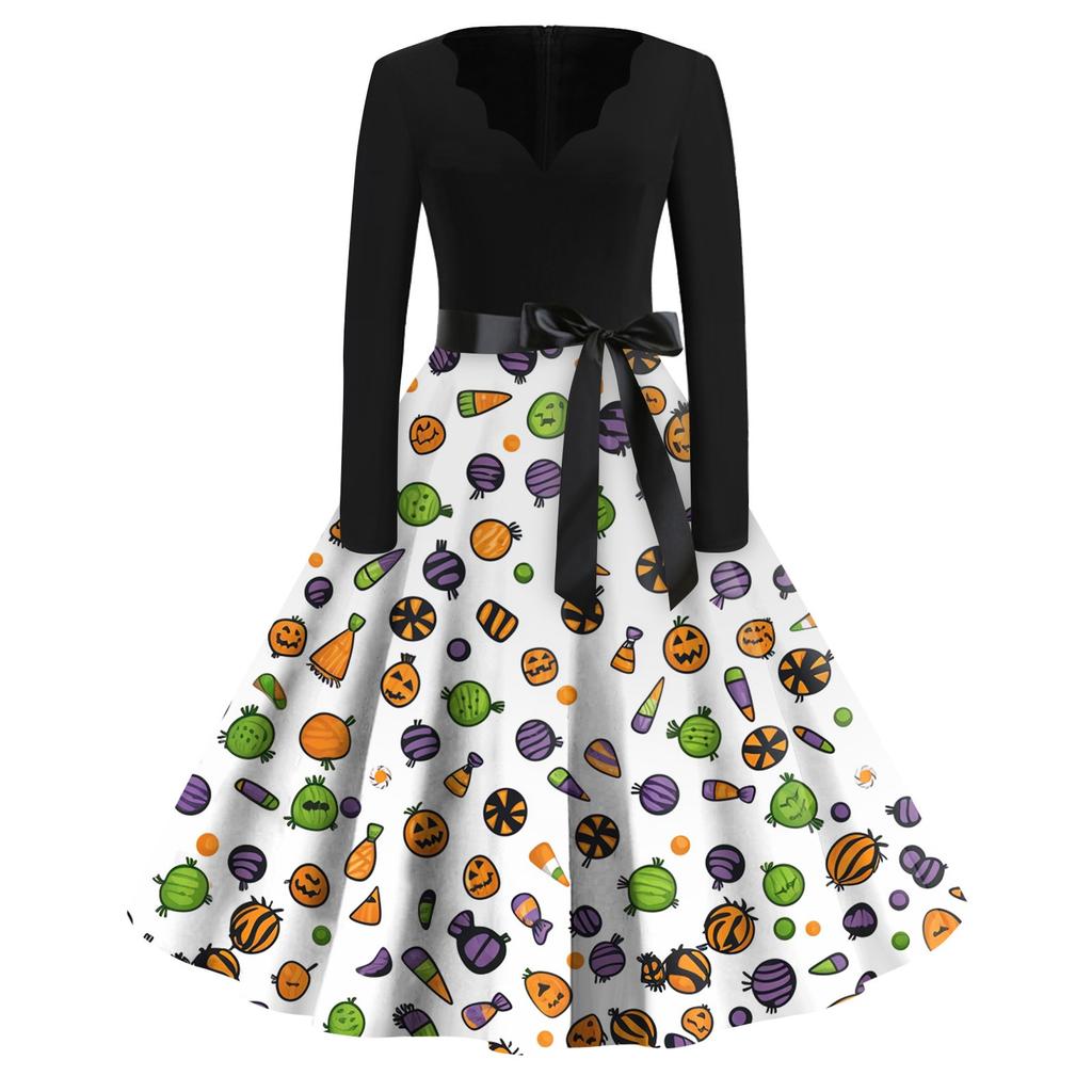 Women's Casual Fashion Halloween Printed V-Neck Vintage Dress