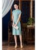 2022 Blue Waist-Slimming Retro Chinese Raglan Sleeve Tencel Cotton Cheongsam