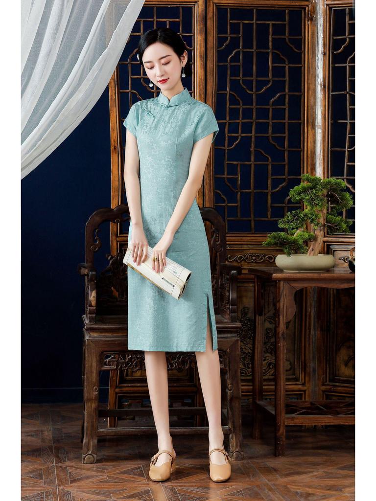 2022 Blue Waist-Slimming Retro Chinese Raglan Sleeve Tencel Cotton Cheongsam