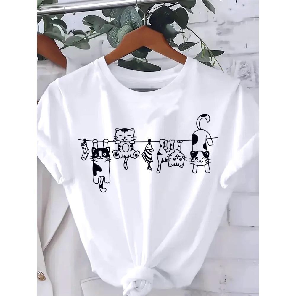

Plus Size Anima 90s Manga Climb Cute Cat Design Print Women T-shirt Summer Short Sleeve Crew Neck Women Fashion Clothing Y2k Top M