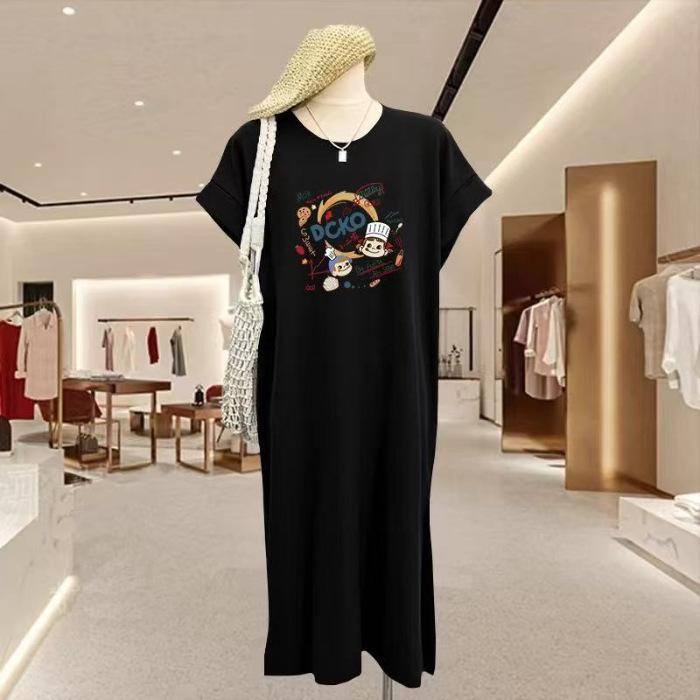 

Loose-fitting Plus-size Women s T-shirt Dress, A Casual Long Dress That Covers The Belly In Summer, Makes Petite People Look Younger and Slimmer 4XL чорний