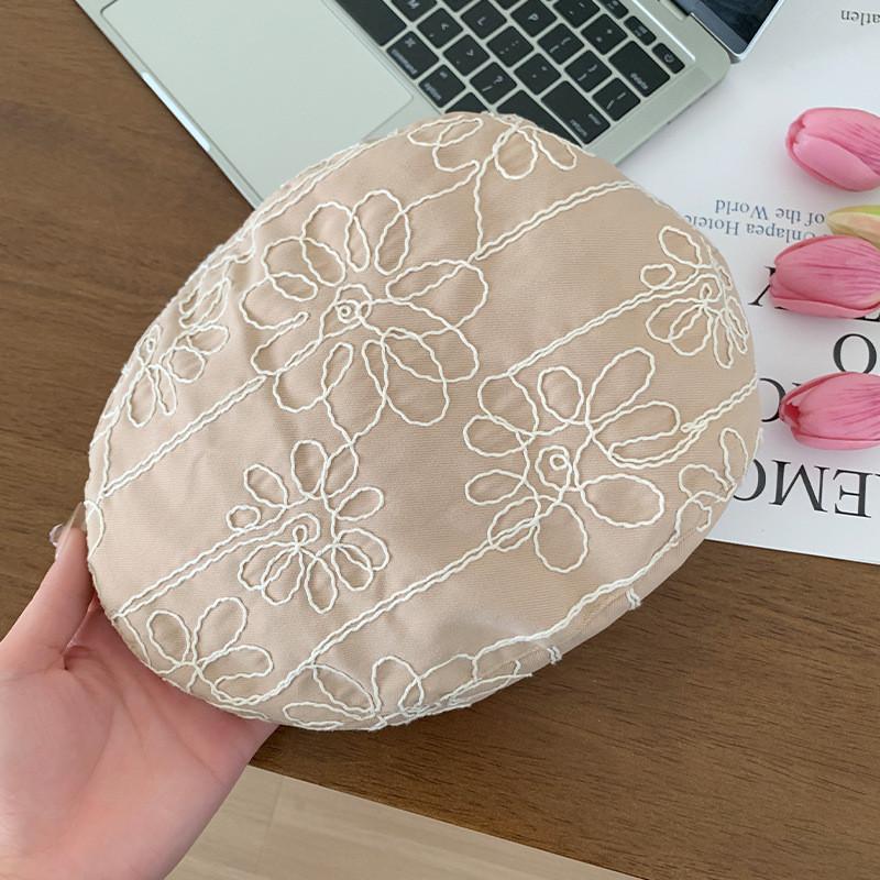 Vintage Korean Stylish Floral Embroidered Beret Hat For Summer Unisex Design