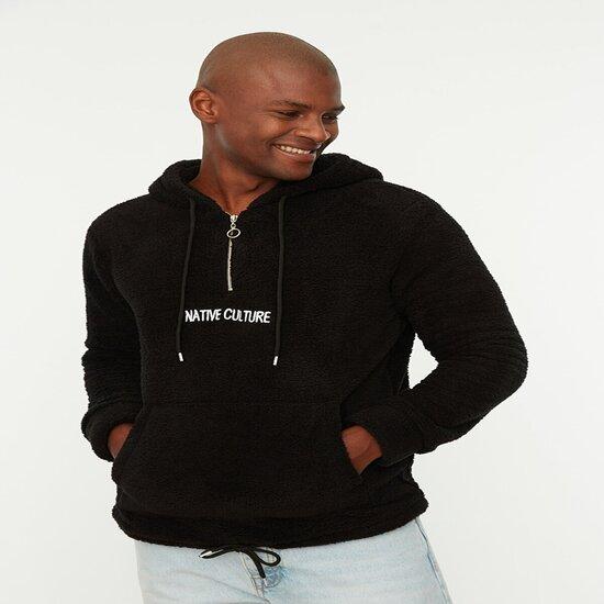 

Siyah Erkek Slim Fit Kapüşonlu Fermuarlı Kanguru Cepli Peluş Sweatshirt