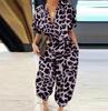 Women's V Neck Short Sleeve Jumpsuit Loose Fit Retro Leopard Print Drawstring Waist Pocket Wide Leg Jumpsuit