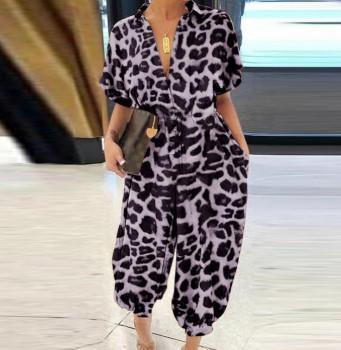 Women's V Neck Short Sleeve Jumpsuit Loose Fit Retro Leopard Print Drawstring Waist Pocket Wide Leg Jumpsuit