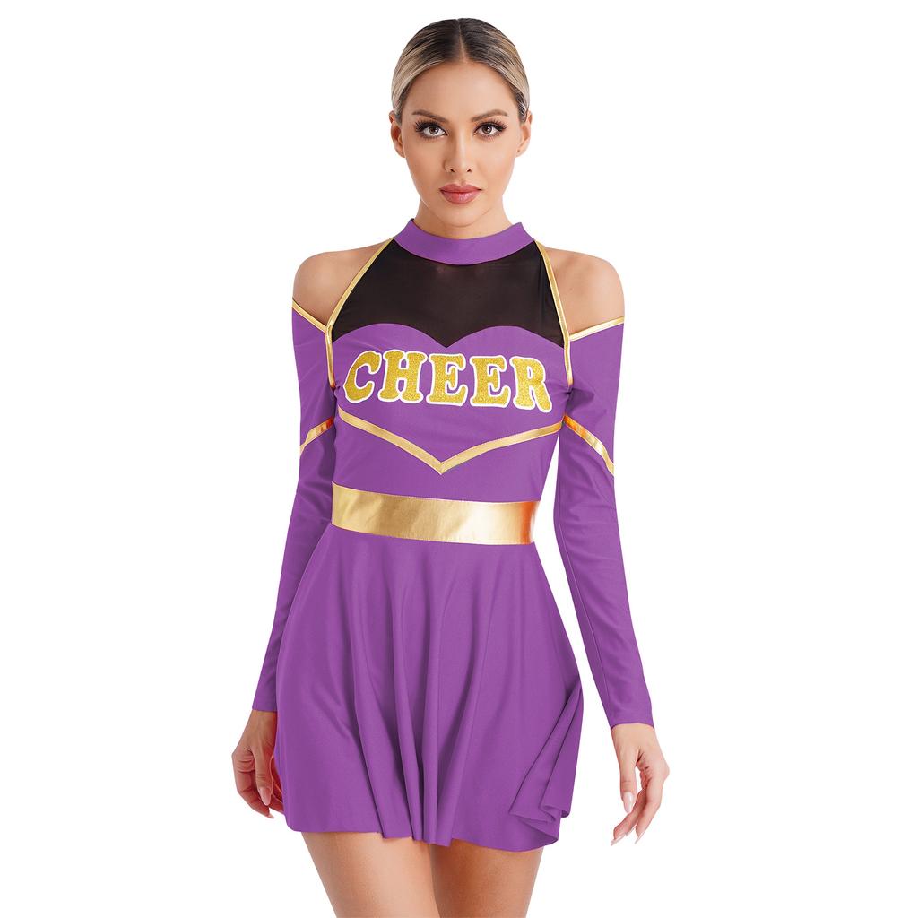 Women Long Sleeve Cold Shoulders Letter Print Dress Cheerleading Costume Uniform Outfit